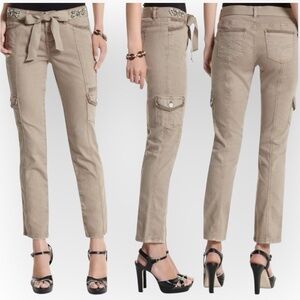 WHBM TAN ANKLE PANT WITH JEWELED RIBBON BELT